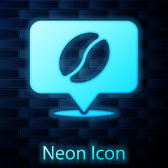 Sticker - Glowing neon Location with coffee bean icon isolated on brick wall background. Vector