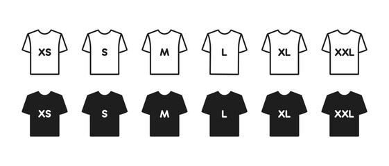 T-Shirt size vector icon set. Clothing size label or tag. From XS to XXL