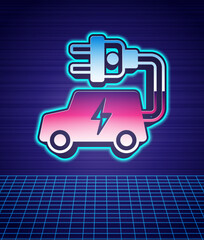 Wall Mural - Retro style Electric car and electrical cable plug charging icon isolated futuristic landscape background. Renewable eco technologies. 80s fashion party. Vector