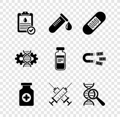 Wall Mural - Set Clipboard with blood test, Test tube drop of, Bandage plaster, Medicine bottle, Crossed syringe and DNA research, search icon. Vector