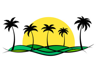 Wall Mural - tropical landscape with palm trees and sun isolated on white background. green wavy landscape with b