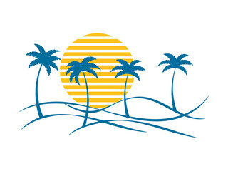 Wall Mural - line art landscape with palm trees and sun 80s style on white background. summer tropical landscape 