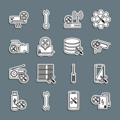 Wall Mural - Set line Power bank service, Smartphone, Security camera, Router wi-fi, Toaster, Video, Air conditioner and Database server icon. Vector