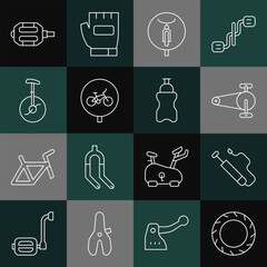 Sticker - Set line Bicycle wheel tire, air pump, chain with gear, Unicycle or one bicycle, pedal and Sport bottle water icon. Vector