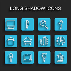 Poster - set line light bulb, laptop, smart tv, paint brush, electric kettle, sofa, clock and extension icon.