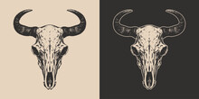 Set Of Vintage Retro Scary Spooky Cow Bull Skull Head Skeleton. Cowboy Native American. Can Be Used Like Emblem, Logo, Poster Or Print. Monochrome Graphic Art. Vector. Hand Drawn Element In Engraving