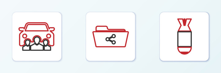 Poster - Set line Aviation bomb, Car sharing and Share folder icon. Vector