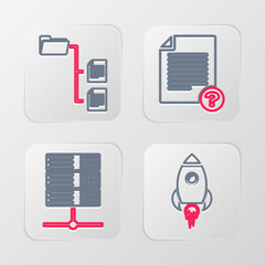 Poster - Set line Rocket ship with fire, Server, Data, Web Hosting, Unknown document and Folder tree icon. Vector