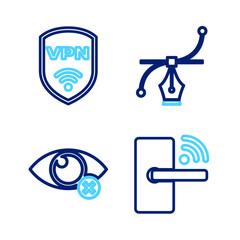 Poster - set line digital door lock with wireless, invisible hide, bezier curve and shield vpn icon. vector