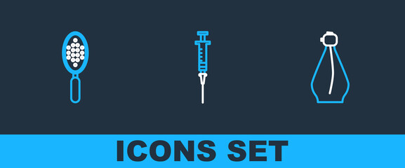 Sticker - Set line Perfume, Hairbrush and Syringe icon. Vector