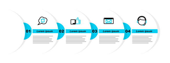 Poster - set line man with a headset, mail and e-mail, hand thumb up and speech bubble chat notification icon