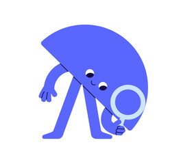 Aufkleber - Cute geometric shape searchin, finding ideas. Funny geometry character looking through magnifying glass. Research, analysis concept. Childish flat vector illustration isolated on white background