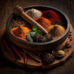 Wall Mural - colorful still life of Indian spices, saffron, turmeric, star anise on the table. Assortment of Seasonings, condiments. Cooking ingredients