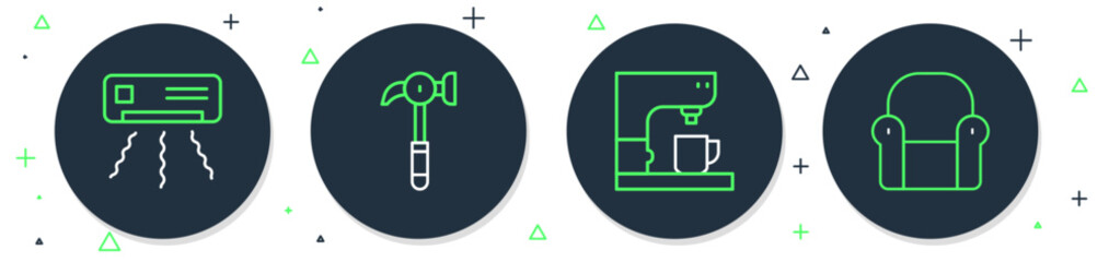 Poster - Set line Hammer, Coffee machine, Air conditioner and Armchair icon. Vector