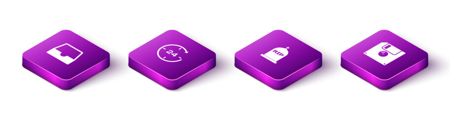 Poster - Set Isometric Social media inbox, Clock 24 hours, Tombstone with RIP written and Floppy disk icon. Vector