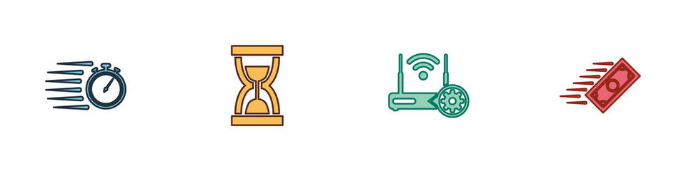 Poster - Set Stopwatch, Old hourglass with sand, Router wi-fi setting and Fast payments icon. Vector