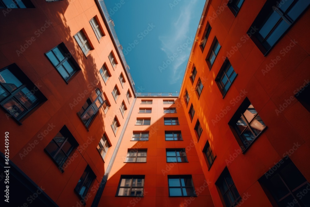 Low angle shot of a unique high rise orange building touching the blue ...