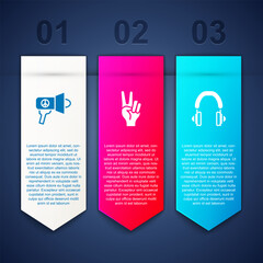 Sticker - Set Megaphone, Peace symbol and Headphones. Business infographic template. Vector