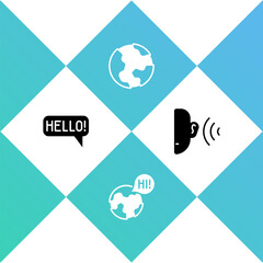 Sticker - Set Hello in different languages, Learning foreign, Earth globe and listen sound signal icon. Vector