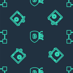 Poster - Set line Shield with bitcoin, Proof of stake and Blockchain technology on seamless pattern. Vector