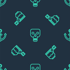 Poster - Set line Skull, Pirate game dice and Anchor on seamless pattern. Vector