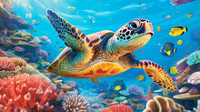 Sea Turtle Surrounded By A Variety Of Bright And Colorful Sea Creature Behind. Generative Ai