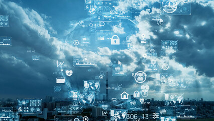Leinwandbilder - Modern cityscape and communication network concept. Telecommunication. IoT (Internet of Things). ICT (Information communication Technology). 5G. Smart city. Digital transformation.