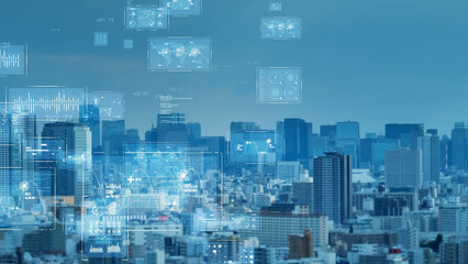 Leinwandbilder - Modern cityscape and communication network concept. Telecommunication. IoT (Internet of Things). ICT (Information communication Technology). 5G. Smart city. Digital transformation.