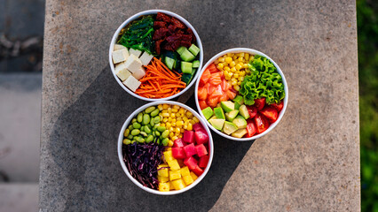 Wall Mural - Close view of three poke bowls