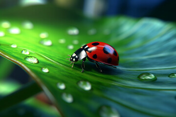 Aufkleber -  close-up of a ladybug on a green leaf . Generative AI technology