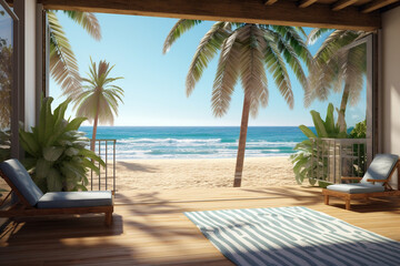 Aufkleber - A sunny day at the beach with a view of the ocean and palm trees. Generative AI technology