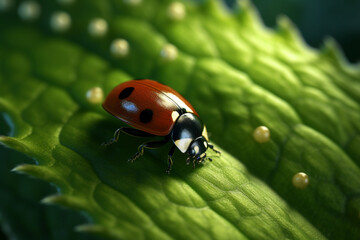 Wall Mural -  close-up of a ladybug on a green leaf . Generative AI technology