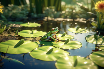 Poster - A pond with lily pads and a frog sitting on one. Generative AI technology