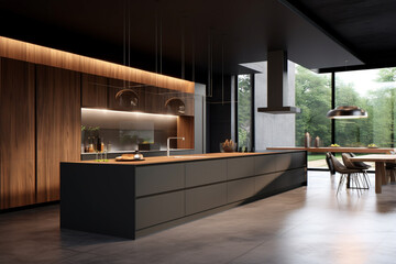 Poster - A sleek and sophisticated kitchen with a waterfall countertop. Generative AI technology