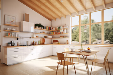 Poster - A bright and airy kitchen with white cabinets and natural wood accents. Generative AI technology