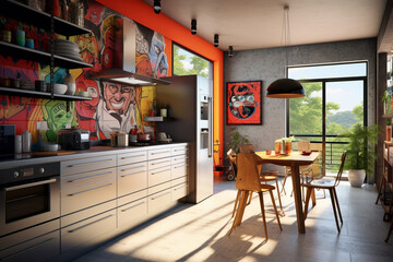 Aufkleber - A kitchen with a bold accent wall and colorful appliances. Generative AI technology
