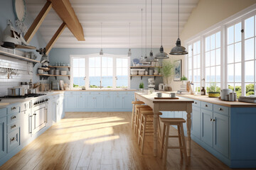 Aufkleber - A coastal-inspired kitchen with blue and white decor.  Generative AI technology