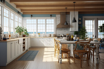 Aufkleber - A coastal-inspired kitchen with blue and white decor.  Generative AI technology
