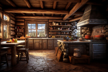 Aufkleber - A rustic log cabin kitchen with a stone fireplace and wooden beams.  Generative AI technology