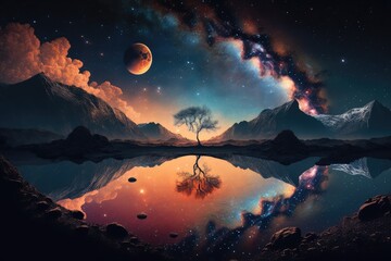 Wall Mural - landscape with galaxy background with fantasy night starry sky. distinct generative ai image.