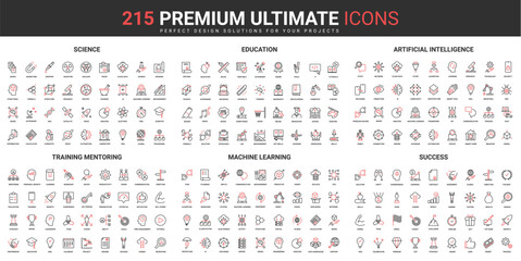 Science, education and artificial intelligence technology thin line red black icons set vector illustration. Abstract symbols machine learning, success training simple design for mobile and web apps