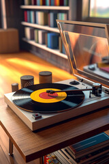 Aufkleber - A vintage record player with vinyl records on display.  Generative AI technology