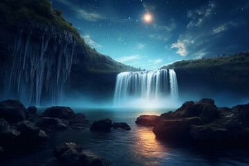 Poster - A majestic waterfall with a starry night sky and a crescent moon in the background.  Generative AI technology