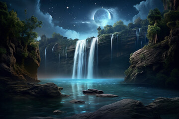 A majestic waterfall with a starry night sky and a crescent moon in the background.  Generative AI technology