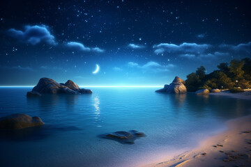Fototapete - A serene ocean view with a crescent moon and starry sky in the background.  Generative AI technology