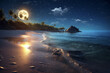 A breathtaking beach with a bright full moon and stars illuminating the sky. Generative AI technology