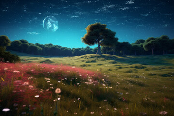 Poster - An enchanted meadow with a starry night sky and a full moon casting a magical glow.  Generative AI technology