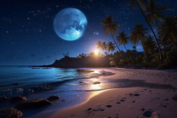 Fototapete - A breathtaking beach with a bright full moon and stars illuminating the sky. Generative AI technology