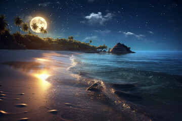 Fototapete - A breathtaking beach with a bright full moon and stars illuminating the sky. Generative AI technology