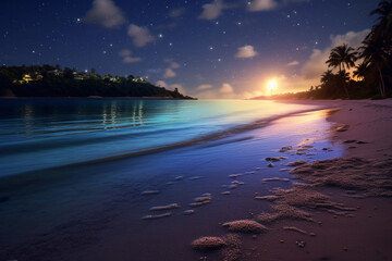 Fototapete - A breathtaking beach with a bright full moon and stars illuminating the sky. Generative AI technology